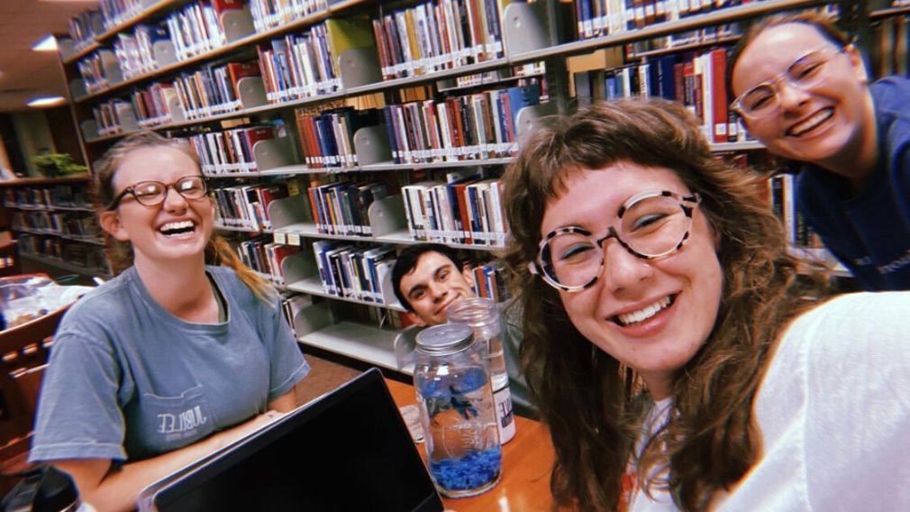 students in library